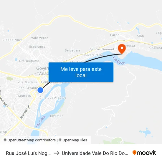 Rua José Luís Nogueira, 171 to Universidade Vale Do Rio Doce - Campus II map