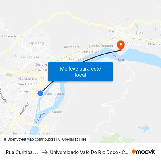 Rua Curitiba, 1011 to Universidade Vale Do Rio Doce - Campus II map
