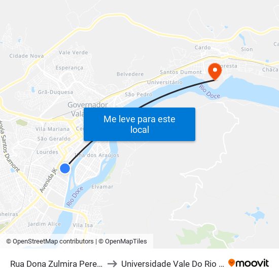 Rua Dona Zulmira Pereira Da Silva, 168 to Universidade Vale Do Rio Doce - Campus II map