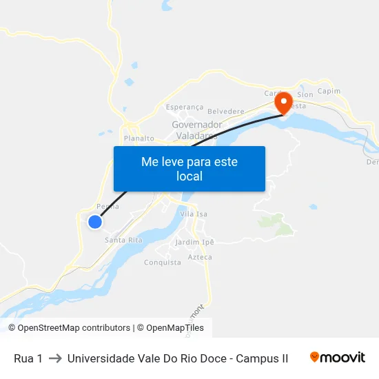 Rua 1 to Universidade Vale Do Rio Doce - Campus II map