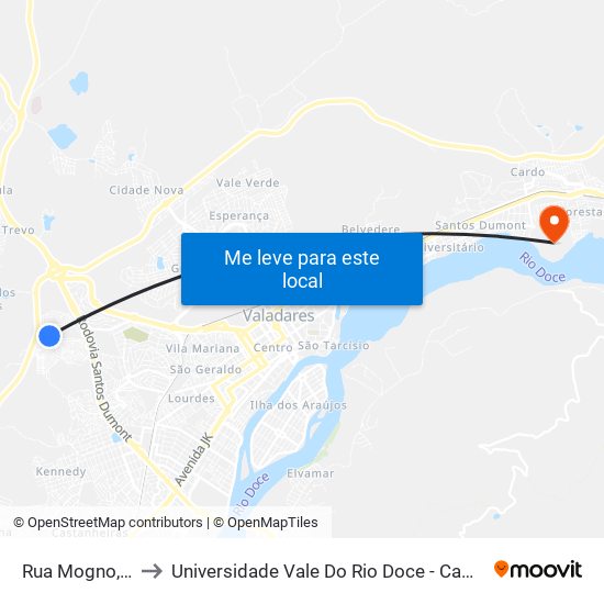 Rua Mogno, 10 to Universidade Vale Do Rio Doce - Campus II map