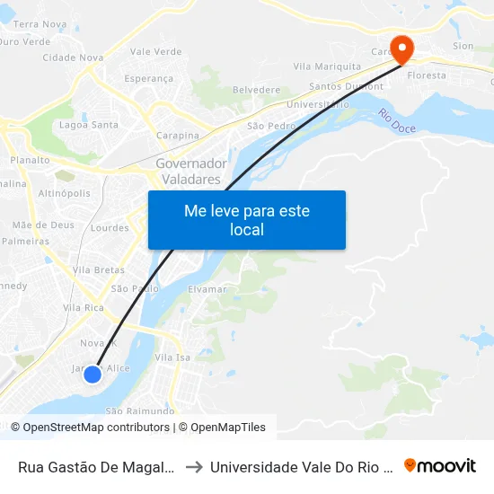 Rua Gastão De Magalhães, 400 to Universidade Vale Do Rio Doce - Ceu map