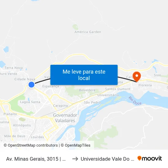 Av. Minas Gerais, 3015 | Morada Do Vale III to Universidade Vale Do Rio Doce - Ceu map