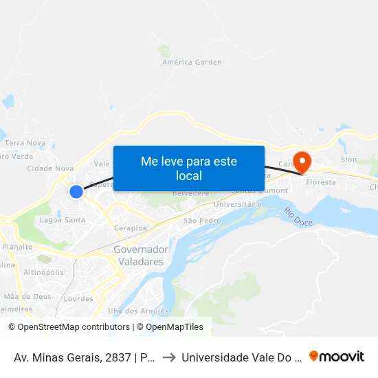 Av. Minas Gerais, 2837 | Posto De Gasolina to Universidade Vale Do Rio Doce - Ceu map