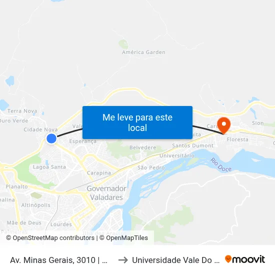 Av. Minas Gerais, 3010 | Morada Do Vale III to Universidade Vale Do Rio Doce - Ceu map