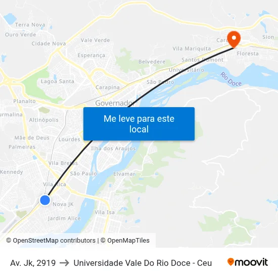 Av. Jk, 2919 to Universidade Vale Do Rio Doce - Ceu map