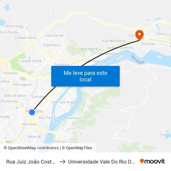 Rua Juiz João Costa, 3428 to Universidade Vale Do Rio Doce - Ceu map