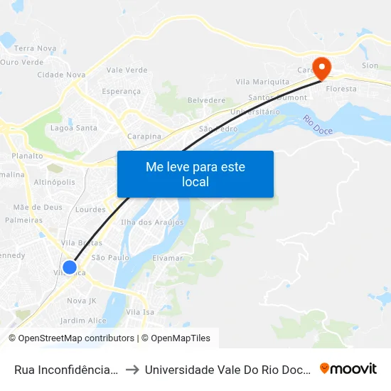 Rua Inconfidência, 415 to Universidade Vale Do Rio Doce - Ceu map