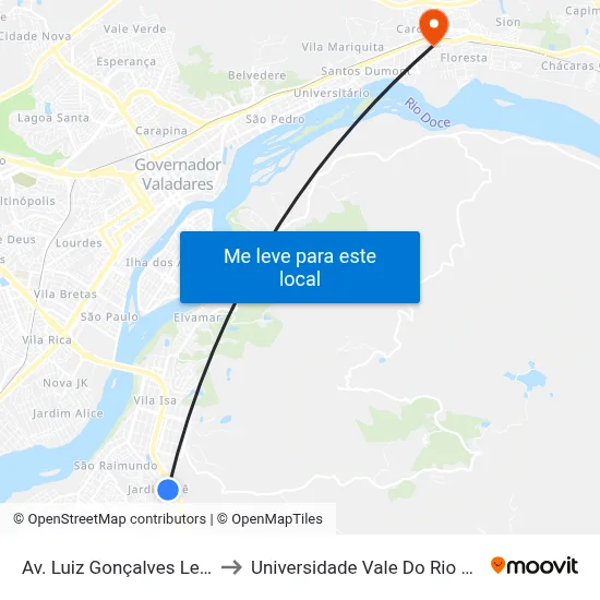 Av. Luiz Gonçalves Lessa, 925 to Universidade Vale Do Rio Doce - Ceu map