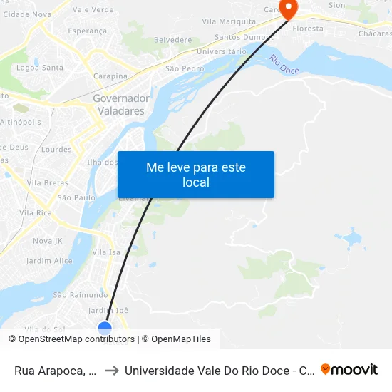 Rua Arapoca, 39 to Universidade Vale Do Rio Doce - Ceu map