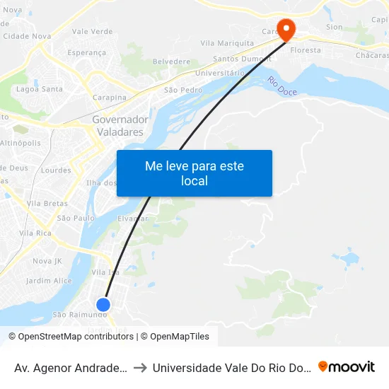 Av. Agenor Andrade, 1750 to Universidade Vale Do Rio Doce - Ceu map