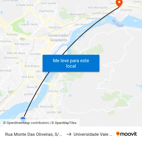 Rua Monte Das Oliveiras, S/N - Governador Valadares to Universidade Vale Do Rio Doce - Ceu map