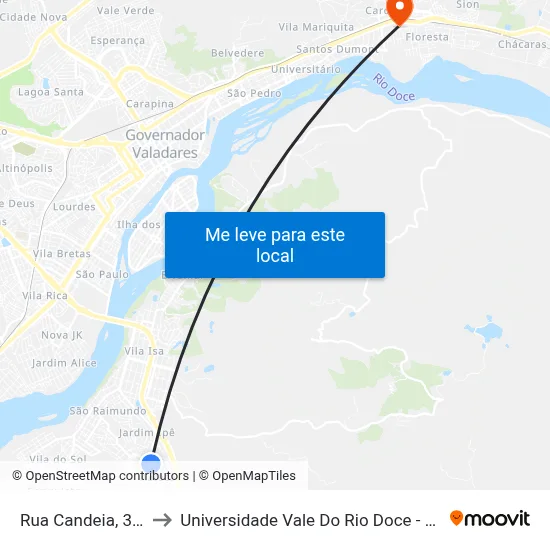 Rua Candeia, 381 to Universidade Vale Do Rio Doce - Ceu map