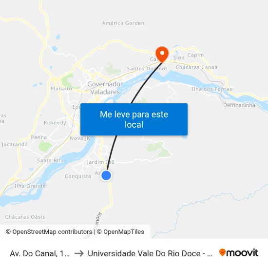 Av. Do Canal, 160 to Universidade Vale Do Rio Doce - Ceu map