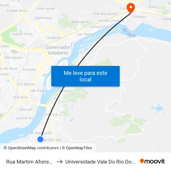 Rua Martim Afonso, 147 to Universidade Vale Do Rio Doce - Ceu map