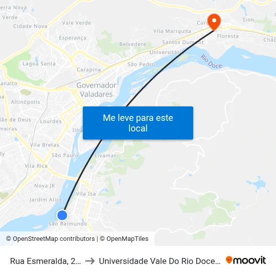 Rua Esmeralda, 2410 to Universidade Vale Do Rio Doce - Ceu map