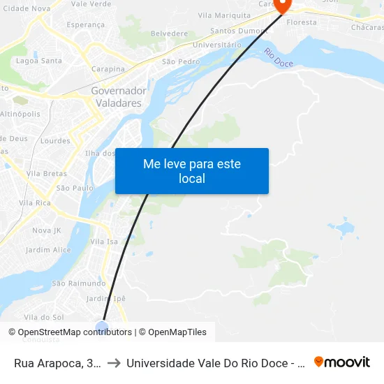 Rua Arapoca, 315 to Universidade Vale Do Rio Doce - Ceu map