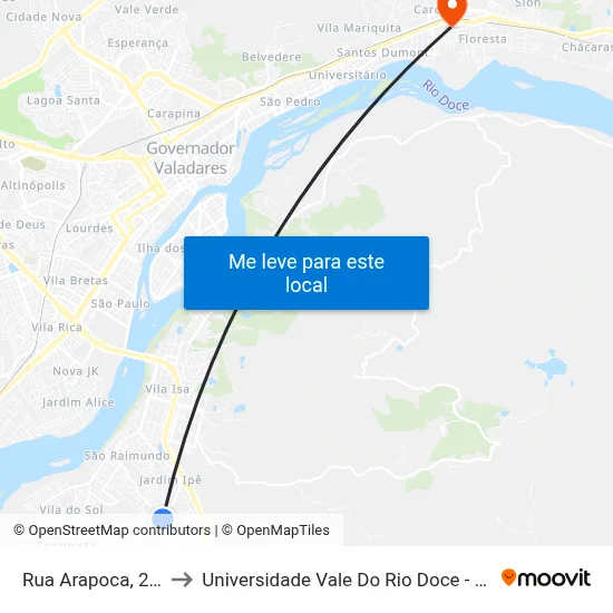 Rua Arapoca, 200 to Universidade Vale Do Rio Doce - Ceu map