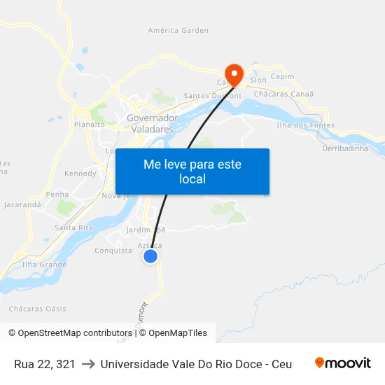 Rua 22, 321 to Universidade Vale Do Rio Doce - Ceu map