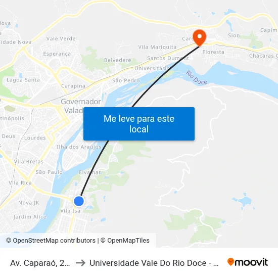 Av. Caparaó, 264 to Universidade Vale Do Rio Doce - Ceu map