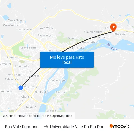 Rua Vale Formoso, 135 to Universidade Vale Do Rio Doce - Ceu map