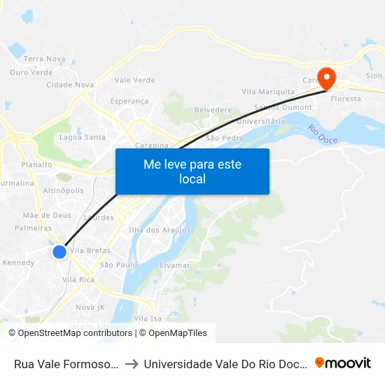 Rua Vale Formoso, 138 to Universidade Vale Do Rio Doce - Ceu map