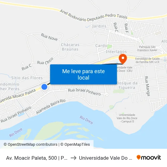 Av. Moacir Paleta, 500 | Posto Açucareira to Universidade Vale Do Rio Doce - Ceu map