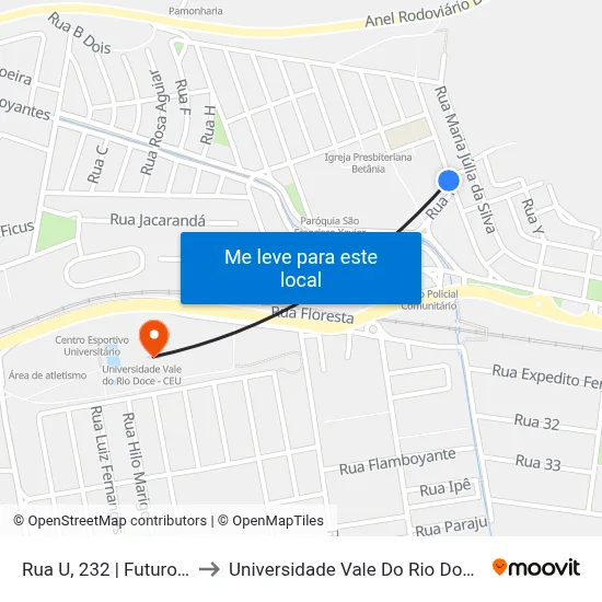 Rua U, 232 | Futuro Feliz to Universidade Vale Do Rio Doce - Ceu map