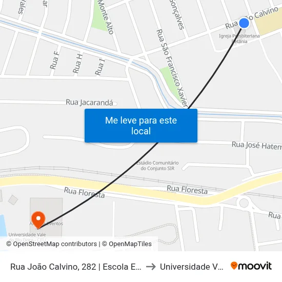 Rua João Calvino, 282 | Escola Estadual Dr. Antônio Ferreira Lisboa Dias to Universidade Vale Do Rio Doce - Ceu map