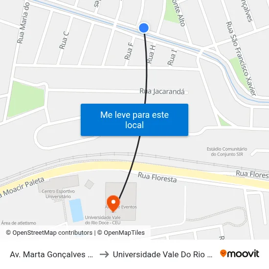 Av. Marta Gonçalves Reis, 105 to Universidade Vale Do Rio Doce - Ceu map