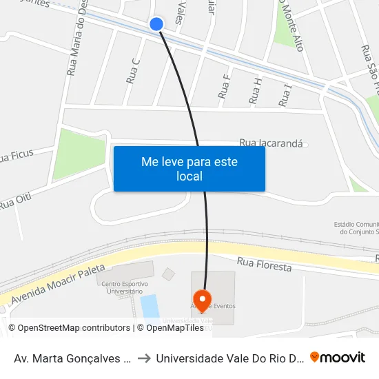 Av. Marta Gonçalves Reis, 55 to Universidade Vale Do Rio Doce - Ceu map