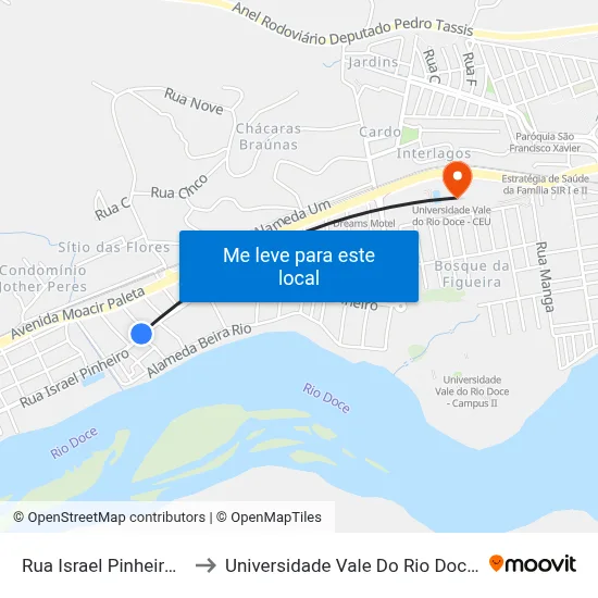 Rua Israel Pinheiro, 831 to Universidade Vale Do Rio Doce - Ceu map