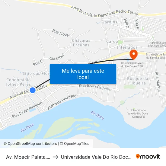Av. Moacir Paleta, 105 to Universidade Vale Do Rio Doce - Ceu map