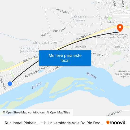 Rua Israel Pinheiro, 59 to Universidade Vale Do Rio Doce - Ceu map