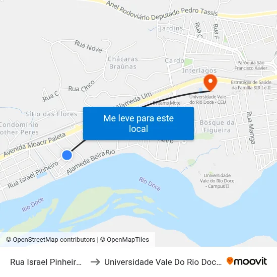 Rua Israel Pinheiro, 812 to Universidade Vale Do Rio Doce - Ceu map