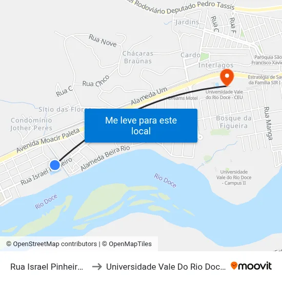 Rua Israel Pinheiro, 565 to Universidade Vale Do Rio Doce - Ceu map