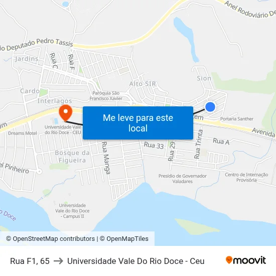 Rua F1, 65 to Universidade Vale Do Rio Doce - Ceu map