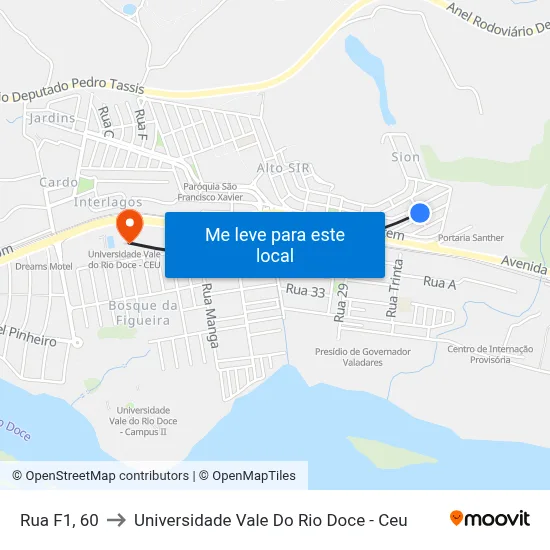 Rua F1, 60 to Universidade Vale Do Rio Doce - Ceu map