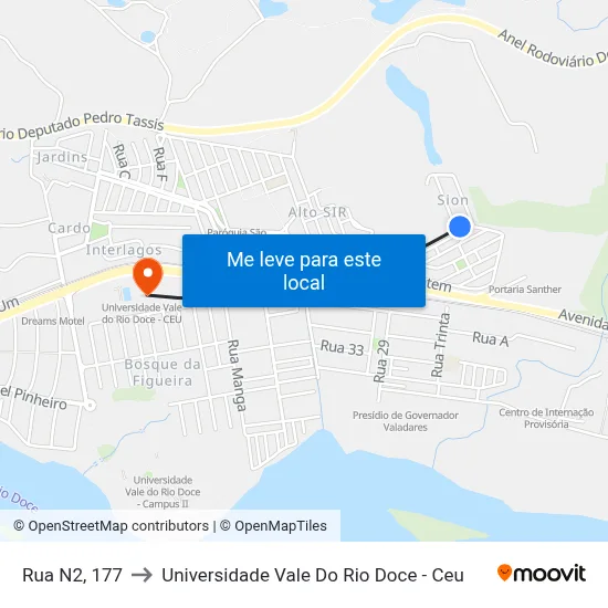 Rua N2, 177 to Universidade Vale Do Rio Doce - Ceu map