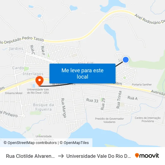 Rua Clotilde Alvarenga, 116 to Universidade Vale Do Rio Doce - Ceu map