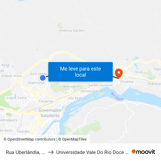 Rua Uberlândia, 355 to Universidade Vale Do Rio Doce - Ceu map
