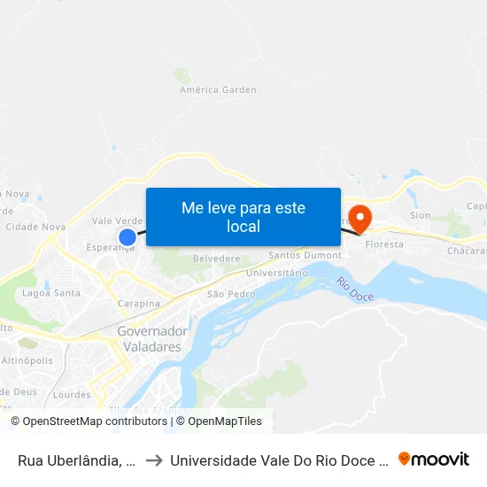 Rua Uberlândia, 275 to Universidade Vale Do Rio Doce - Ceu map