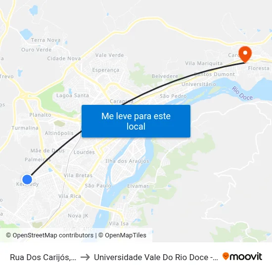 Rua Dos Carijós, 74 to Universidade Vale Do Rio Doce - Ceu map