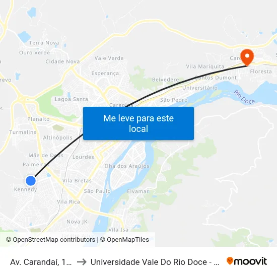 Av. Carandaí, 124 to Universidade Vale Do Rio Doce - Ceu map