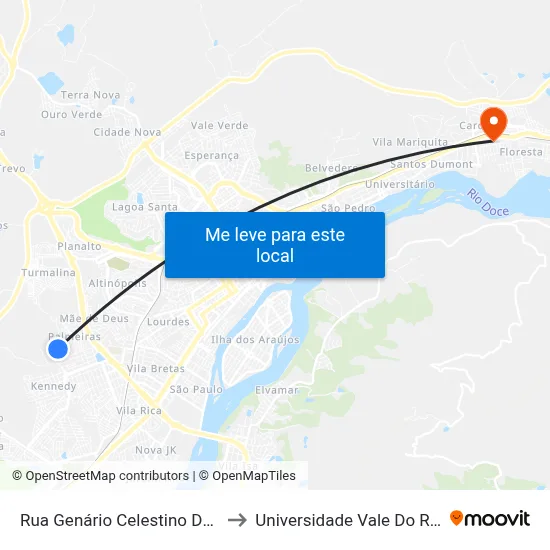 Rua Genário Celestino Dos Santos, 321 to Universidade Vale Do Rio Doce - Ceu map