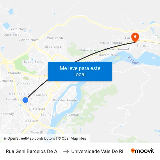 Rua Geni Barcelos De Almeida, 101 to Universidade Vale Do Rio Doce - Ceu map