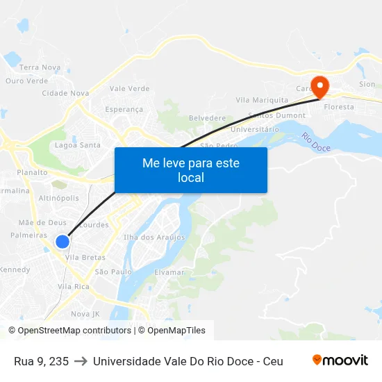 Rua 9, 235 to Universidade Vale Do Rio Doce - Ceu map