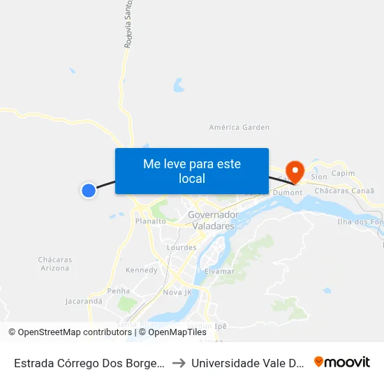Estrada Córrego Dos Borges, Sentido Valadares to Universidade Vale Do Rio Doce - Ceu map