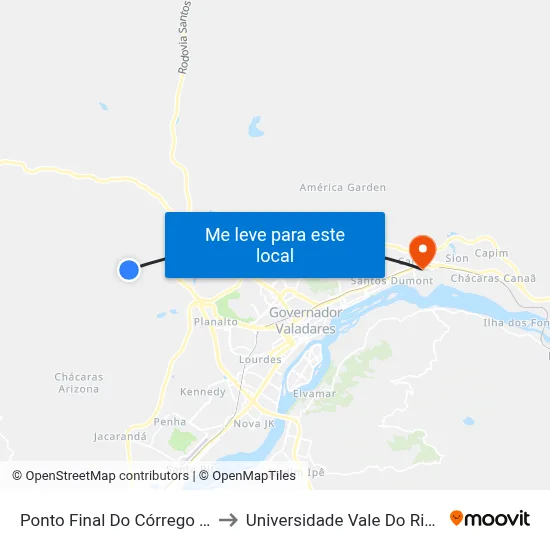 Ponto Final Do Córrego Dos Borges to Universidade Vale Do Rio Doce - Ceu map