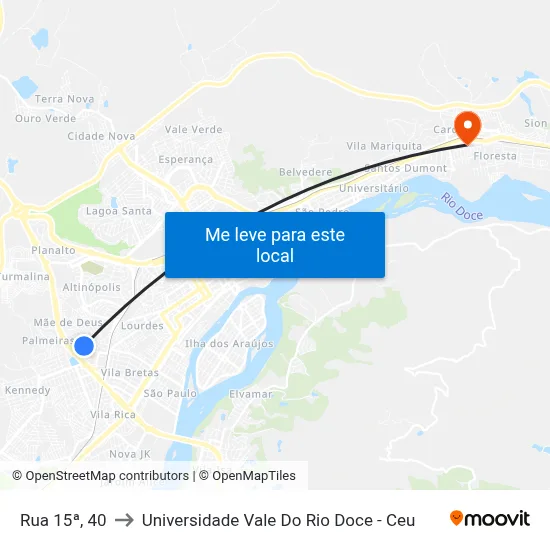 Rua 15ª, 40 to Universidade Vale Do Rio Doce - Ceu map